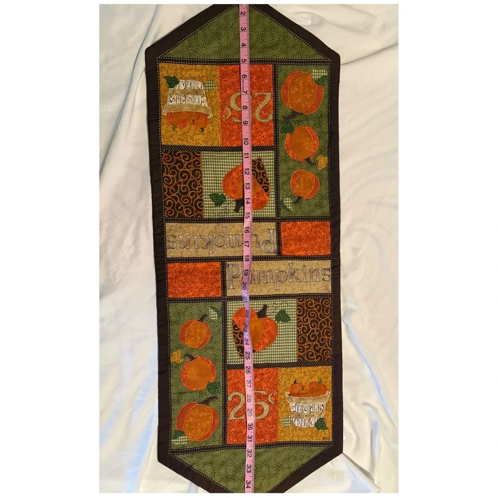 Big Lots Fall Pumpkin Patchwork Table Runner Quilted Harvest Decor 34x12 Orange